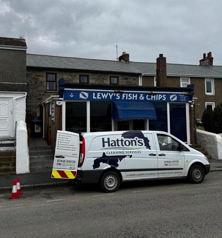 Hatton's Cleaning Services van parked at a commercial site in Cornwall — Lewy's Fish & Chips exterior clean