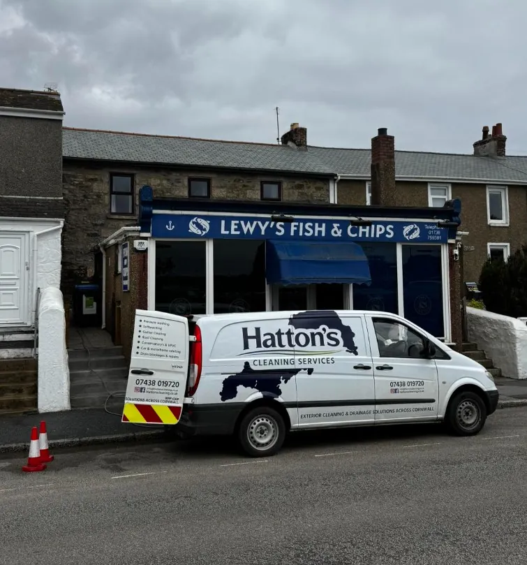 Hatton's Cleaning Services van parked at a commercial site in Cornwall — Lewy's Fish & Chips exterior clean