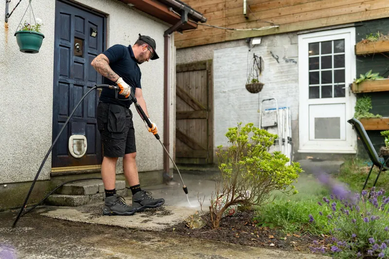 Pressure washing a patio in Cornwall by Hatton's Cleaning Services