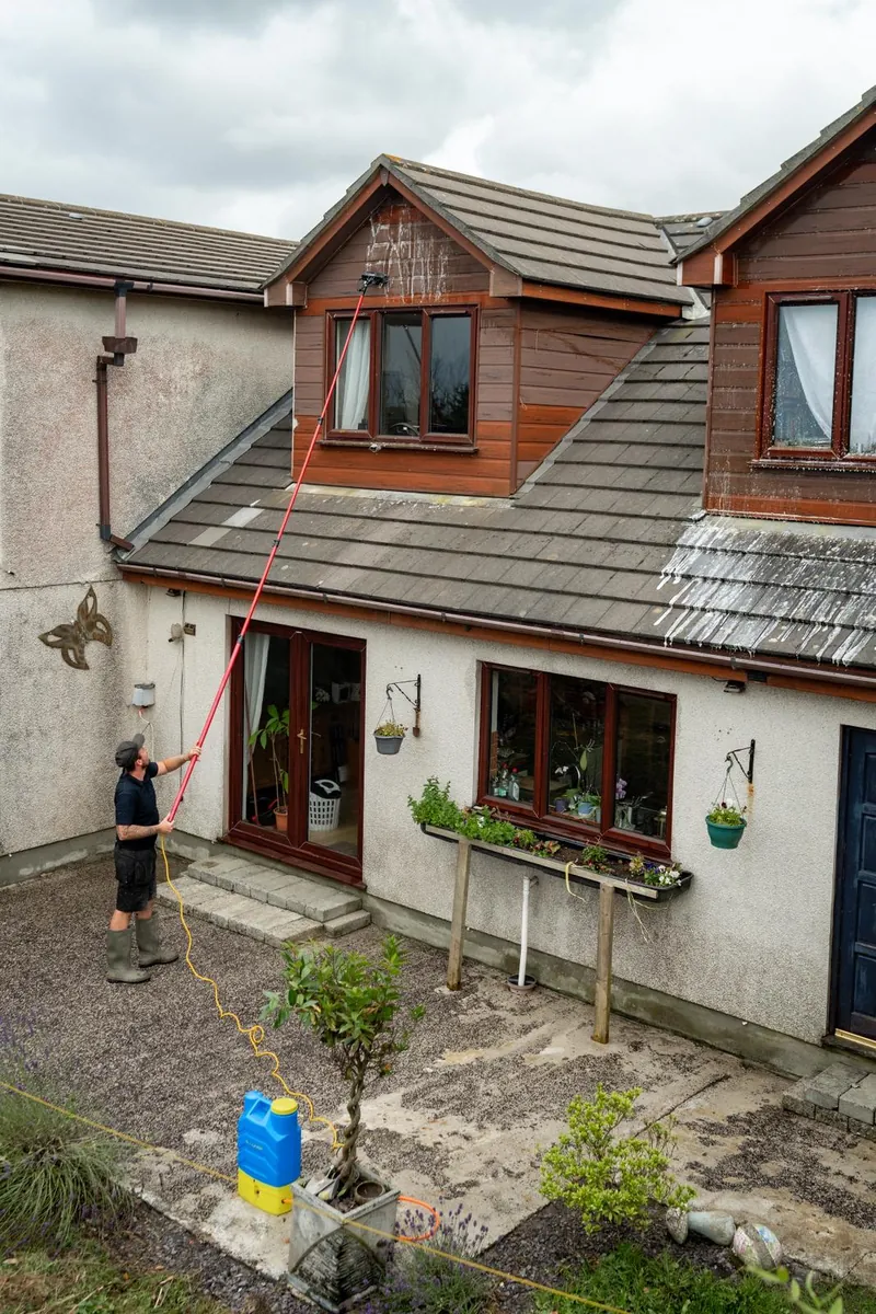 Hatton's operator softwashing an upstairs window with a long-reach pole