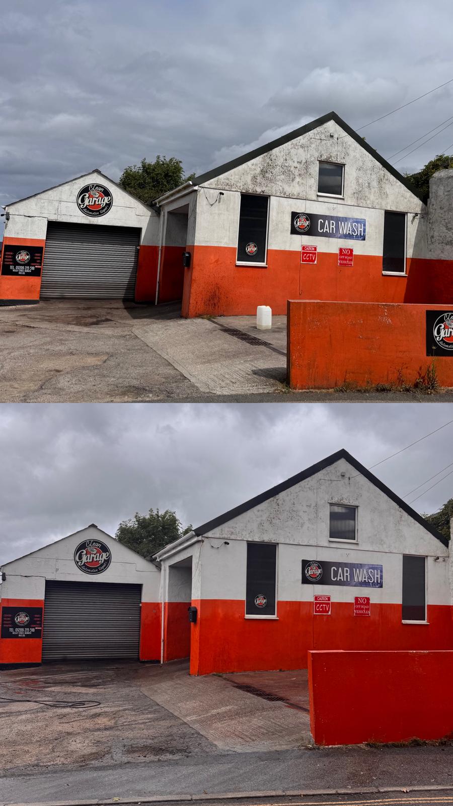 Commercial building before and after softwash — render restored