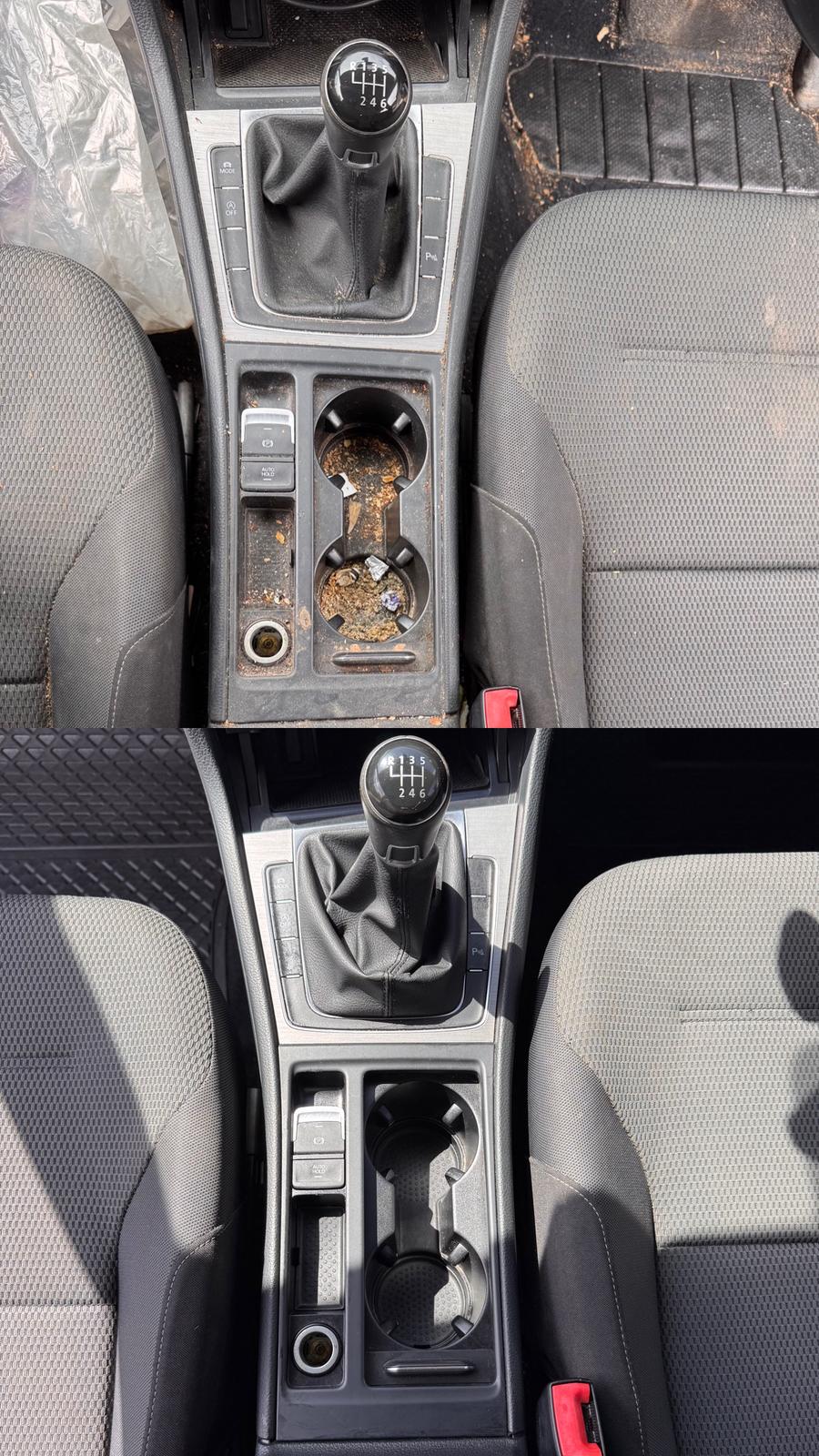 Car interior centre console before and after deep clean