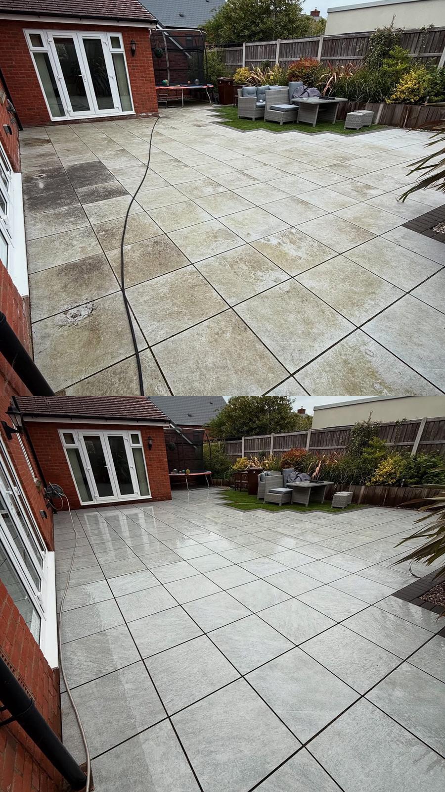 Patio paving before and after pressure washing by Hatton's