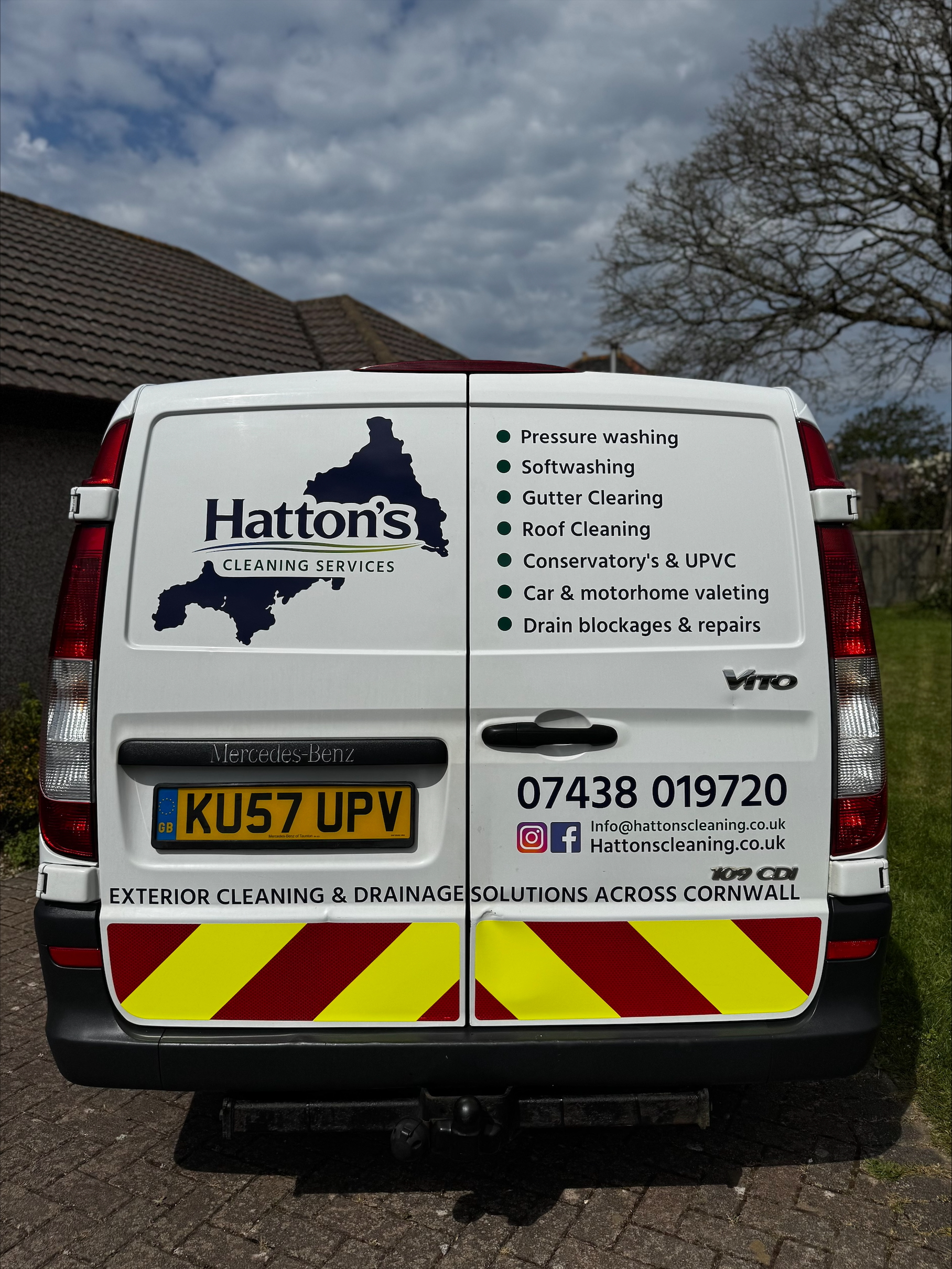 Branded Hatton's Cleaning Services Mercedes Vito van — exterior cleaning and drainage solutions across Cornwall