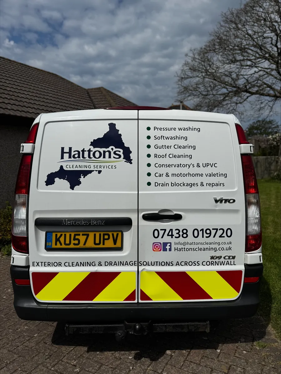 Branded Hatton's Cleaning Services Mercedes Vito van — exterior cleaning and drainage solutions across Cornwall